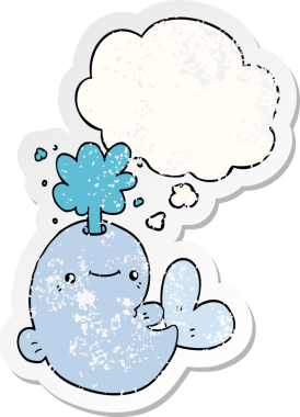 Düşünce baloncuğuyla su püskürten çizgi film balinası insan tarafından çizilmiş yıpranmış bir çıkartma gibi.