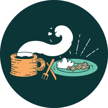 Bir insan tarafından çizilmiş dövme stili kahvaltı ve kahvenin ikonu