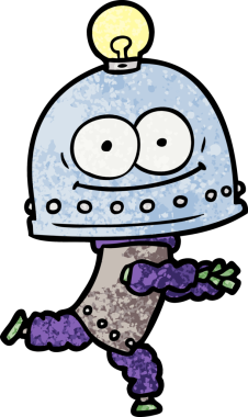 Bir insan tarafından çizilmiş ampullü mutlu karton robot.