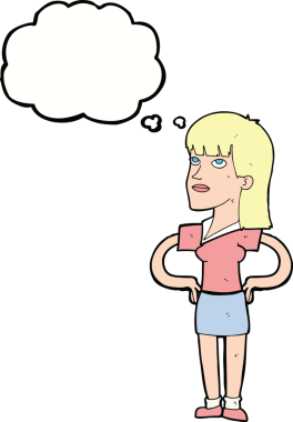 Bir insan tarafından çizilmiş düşünce baloncuğu olan elleri kalçasında çizgi film kadını.