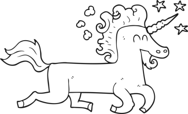 Bir insan tarafından çizilmiş siyah beyaz tek boynuzlu at.