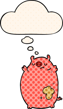 Çizgi roman tarzında düşünce baloncuğu olan şişman domuz insan tarafından çizilmiş.