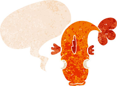 grunge 'da konuşma baloncuğu olan karikatür balığı bir insan tarafından çizilmiş dertli retro stil.