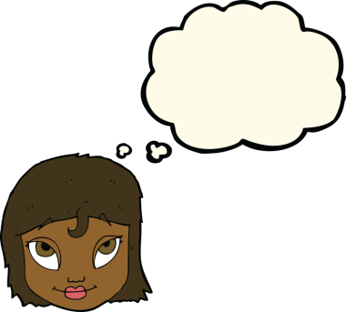 Bir insan tarafından çizilmiş düşünce baloncuğuyla gülümseyen çizgi film kadını.