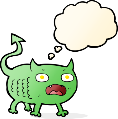 Bir insan tarafından çizilmiş düşünce balonlu küçük şeytan.