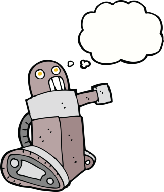Bir insan tarafından çizilmiş düşünce baloncuklu çizgi film tankı robotu.