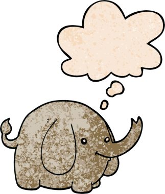Bir insan tarafından çizilmiş grunge desenli düşünce baloncuklu çizgi film fili.