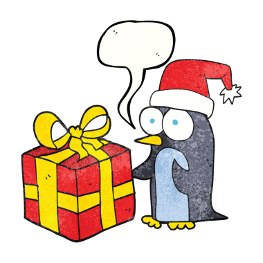 Serbest dokuma konuşma balonu karikatürü Noel pengueninin insan eliyle çizilmiş hali.