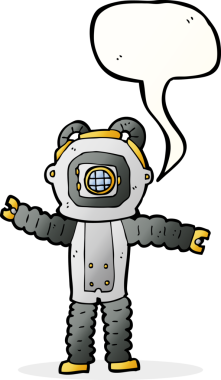 Bir insan tarafından çizilmiş konuşma balonlu derin deniz dalgıcı çizgi filmi.