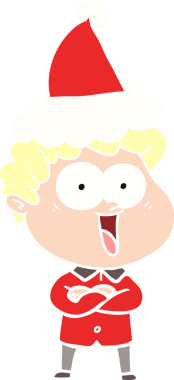 Bir insan tarafından çizilmiş Noel Baba şapkası takan mutlu bir adamın düz renkli çizimi.