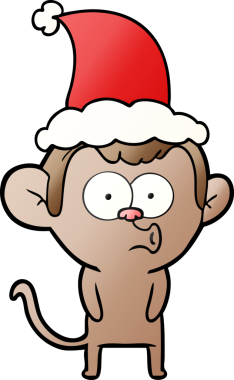 Bir insan tarafından çizilmiş Noel Baba şapkası giyen bir maymunun el çizimi çizgi filmi.