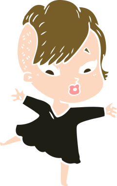 Düz renkli çizgi film. Siyah elbiseli kız bir insan tarafından çizilmiş.