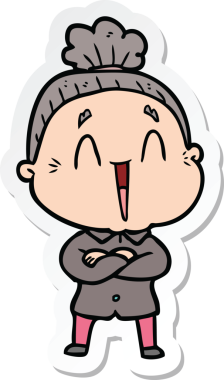 Bir insan tarafından çizilmiş mutlu yaşlı bir kadının çıkartması.