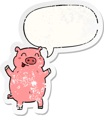 Konuşma baloncuğu olan çizgi film domuzu bir insan tarafından çizilmiş sıkıntılı eski bir çıkartma