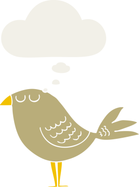 Düşünce baloncuğu olan çizgi film kuşu insan tarafından çizilmiş.