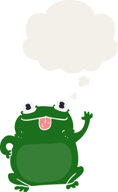 Düşünce baloncuğu olan bir kurbağa insan tarafından çizilmiş.