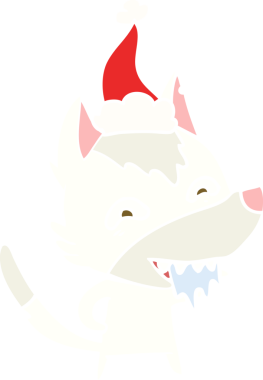 Bir insan tarafından çizilmiş Noel Baba şapkası takan aç bir kurdun düz renkli çizimi.