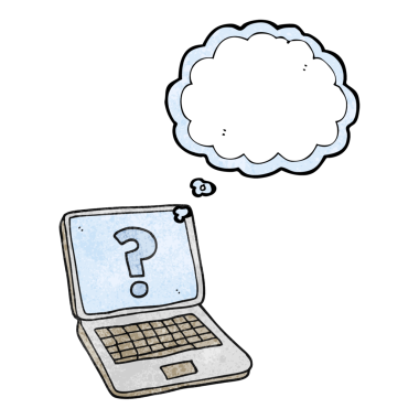 Serbest çizim düşünce baloncuğu desenli çizgi film dizüstü bilgisayarı ve bir insan tarafından çizilmiş soru işareti.