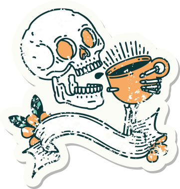 Bir insanın çizdiği kahveyi içen bir kafatası pankartı olan eski bir etiket.