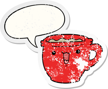 Tatlı çizgi film kahve fincanı. Konuşma baloncuğu. Bir insan tarafından çizilmiş sıkıntılı eski bir çıkartma.