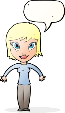 Bir insan tarafından çizilmiş konuşma baloncuğuyla omuz silken çizgi film kadını.