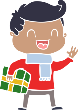 Düz renkli çizgi film. Elinde bir insan tarafından çizilmiş bir hediye tutan gülen adam.