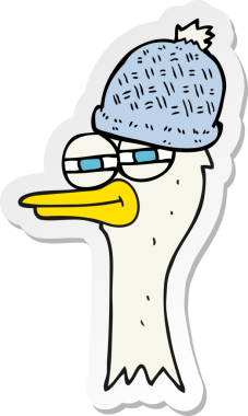 Bir insan tarafından çizilmiş şapka takan çizgi film kuşunun çıkartması.