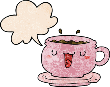 Hoş bir çizgi film fincanı ve bir insan tarafından çizilmiş retro desenli konuşma baloncuğu olan bir fincan tabağı.