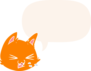 Bir insan tarafından çizilmiş eski tarz konuşma baloncuğu ile çizgi film kedi suratı tükürüyor.