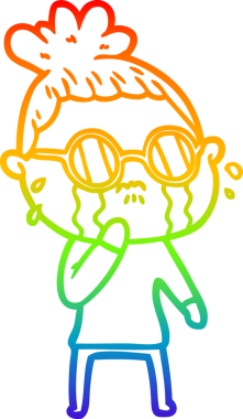 Gökkuşağı gradyan çizgi çizimi. Bir insan tarafından çizilmiş gözlük takan ağlayan bir kadın.