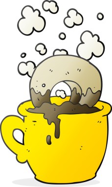 Bir insan tarafından çizilmiş kahveye batırılmış karikatür çöreği.