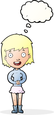 Bir insan tarafından çizilmiş düşünce baloncuğu olan heyecanlı bir kadın.