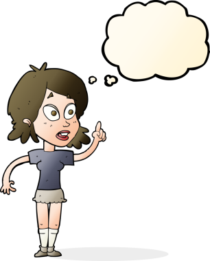 Çizgi filmdeki kadın bir insan tarafından çizilmiş düşünce balonuyla soru soruyor.