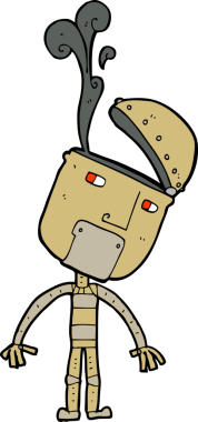 Bir insan tarafından çizilmiş açık kafalı çizgi film robotu.