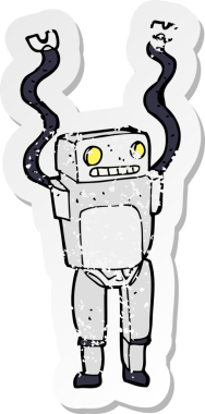 Bir insan tarafından çizilmiş komik bir robotun gerilimli çıkartması.