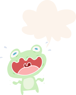 Tatlı çizgi film kurbağası, insan tarafından çizilmiş eski usul konuşma baloncuğundan korkuyor.