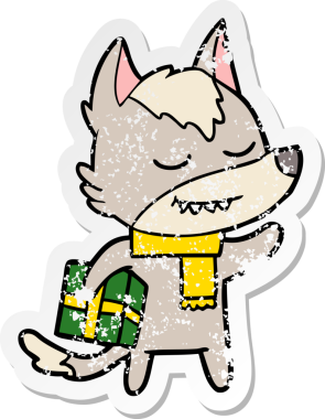 Bir insan tarafından çizilmiş Noel hediyesini taşıyan dost canlısı bir kurdun sıkıntılı çıkartması.