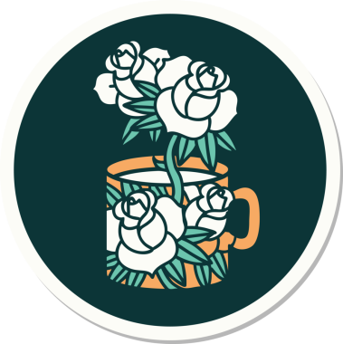 Geleneksel bir kupa stili dövme çıkartması ve bir insan tarafından çizilmiş çiçekler.