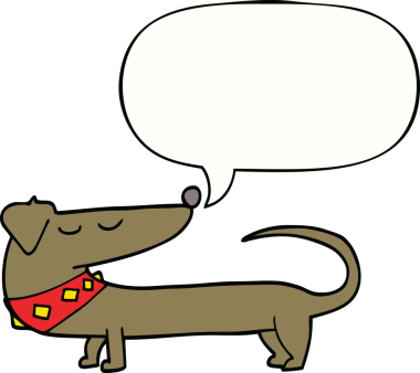 Bir insan tarafından çizilmiş konuşma balonu olan çizgi film köpeği.