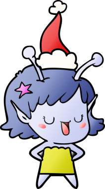 Mutlu uzaylı kız el çizimi. Bir insan tarafından çizilmiş Noel Baba şapkası.