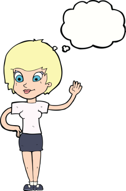 Bir insan tarafından çizilmiş düşünce baloncuğuyla el sallayan çizgi film kadını.