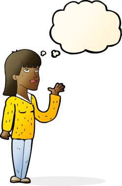 Bir insan tarafından çizilen düşünce baloncuğuyla açıklayan çizgi film kadını.