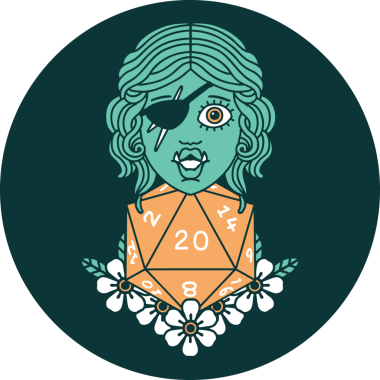 Bir insan tarafından çizilmiş 20 zarlı yarı ork dolandırıcısının simgesi.