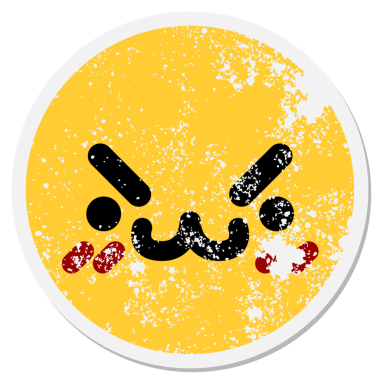 Bir insan tarafından çizilmiş sevimli kızgın kedi yüzlü dairesel etiket.