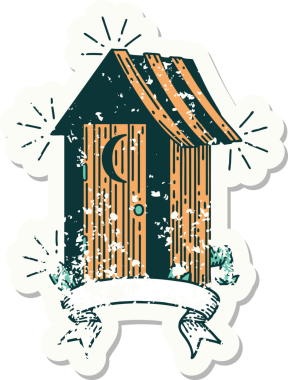 Dövme stili eski bir çıkartma. Bir insan tarafından çizilmiş açık hava tuvaleti.