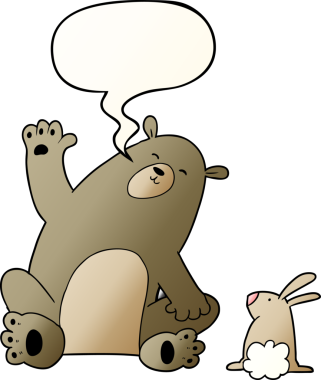 Çizgi film ayısı ve tavşan arkadaşları bir insan tarafından çizilmiş yumuşak eğimli konuşma baloncuğuyla