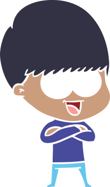 Bir insan tarafından çizilmiş mutlu düz renkli çizgi film çocuğu.