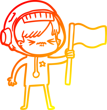 Bir insan tarafından çizilmiş bayrak sallayan kızgın bir uzay kızının sıcak çizgi çizimi.