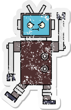 Bir insan tarafından çizilmiş sevimli bir robot çizgi film çıkartması.