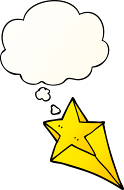 Düşünce baloncuğuyla kayan çizgi film yıldızı bir insan tarafından çizilmiş.